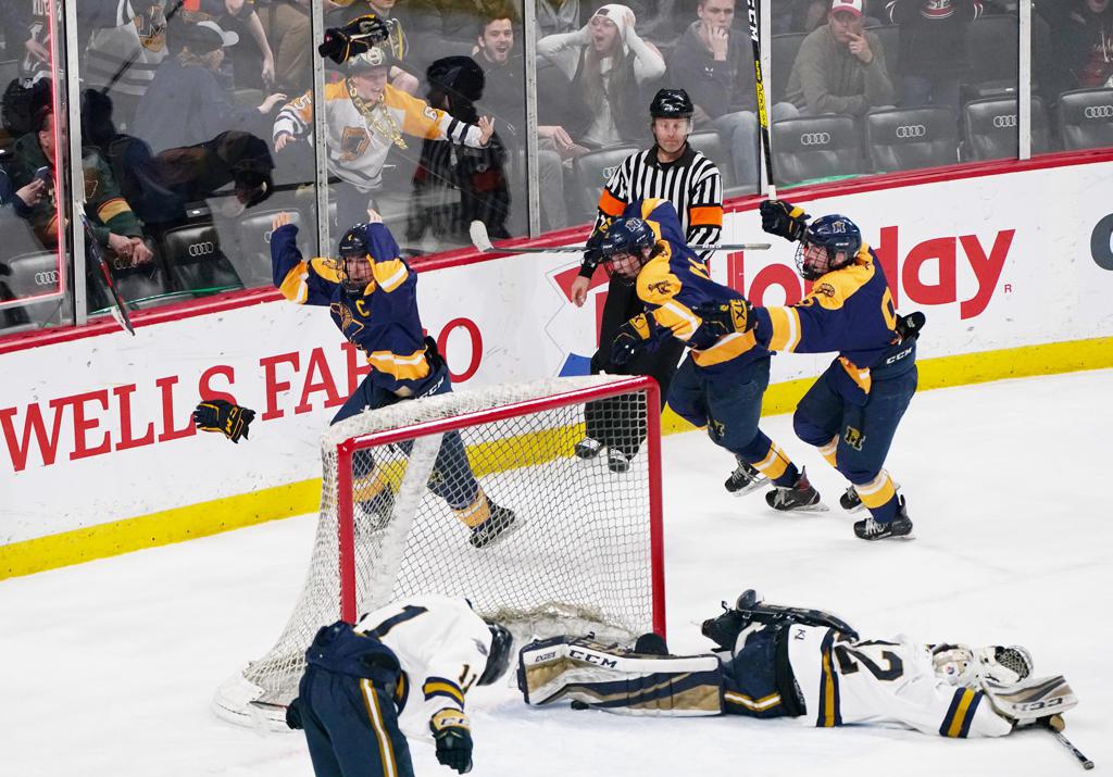 Mahtomedi forward Colin Hagstrom (4) shot the championship winning goal past Hermantown goaltender Jacob Backstrom (32) in overtime to give the Zephyrs a 3-2 victory.





 ]  Shari L. Gross • shari.gross@startribune.com    



Mahtomedi played against Hermantown in the class 1A boys' hockey state championship at Xcel Energy Center in St. Paul on Saturday, March 7, 2020.