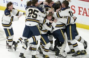 Hermantown players celebrate their 3-2 MSHSL 1A championship boys hockey game victory over Warroad Sunday, March 13, 2022 at the Xcel Energy Center in St. Paul, Minn.  ] DAVID JOLES • david.joles@startribune.com



boys hockey state championship