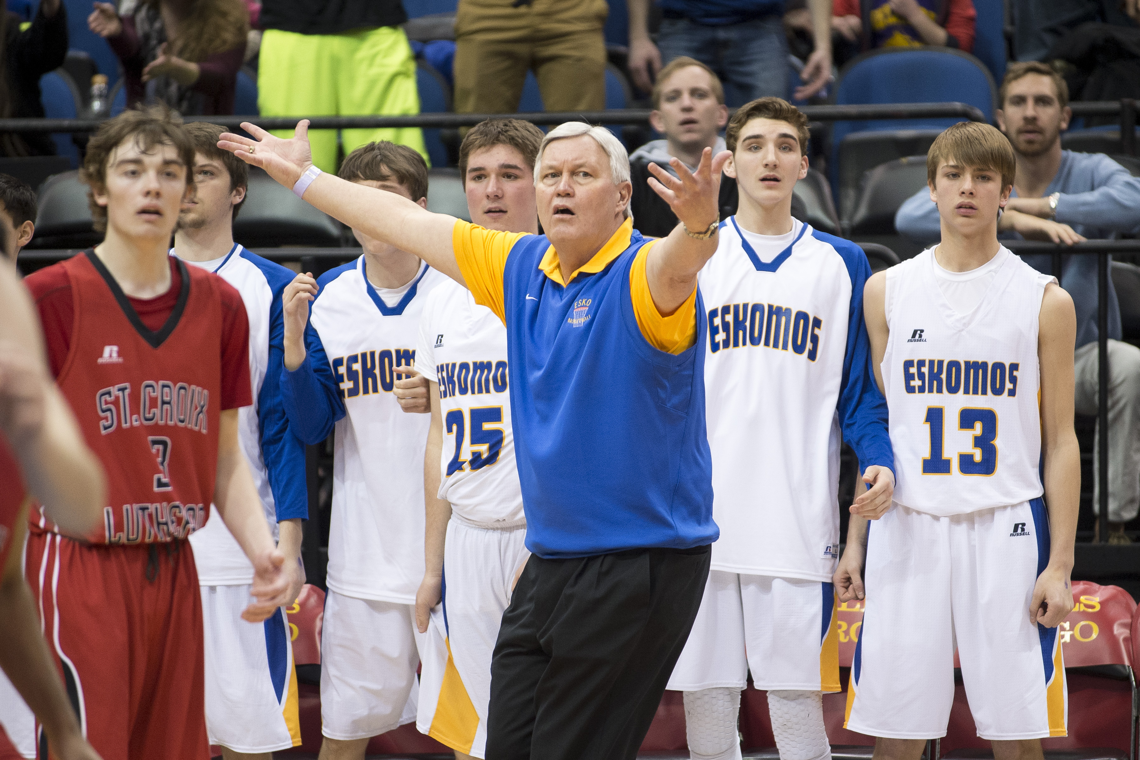 Esko head coach Mike Devney gestured to the referees after he thought one of his players was fouled in the final seconds of Wednesday night's game quarterfinal game against St. Croix Lutheran. ] (Aaron Lavinsky | StarTribune)   Esko plays St. Croix Lutheran in the Class 2A boys' basketball quarterfinals on Wednesday, March 11, 2015 at Target Center.